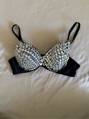 Embellished Clear Rhinestone Black Bra